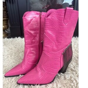 Hot Pink Crocodile Embossed Heeled Cowboy Boots Rhinestone Fringe Women 8‎ NWOT